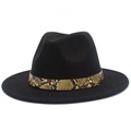Detailed close-up of a black wide-brim fedora hat with snakeskin band and gold rivet - Black