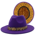 Detail of purple fedora hat featuring snakeskin band and leopard print inner lining - Purple