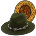 Detail of dark green wool fedora hat featuring leopard lining and vintage silver chain link - Army Green