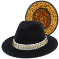 Schwarzer Fedora-Filzhut mit Leopardenmuster-Krempe und Nietendekor-Band für Damen - Schwarz