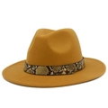 Ginger yellow wide brim fedora hat with snakeskin leather band and golden rivet accent - Khaki