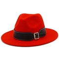 Sombrero fedora de lana roja con cinturón de cuero negro y ala ancha para moda de invierno - Rojo