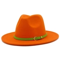 Detail of orange wool fedora hat featuring a vibrant green leather belt and gold buckle - One Size / Orange