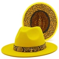 Yellow fedora hat with snakeskin band and leopard print lining in a classic wide brim style - Yellow