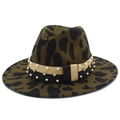Olive green leopard print wool fedora hat with elegant pearl and rhinestone hat band - One Size / Army Green