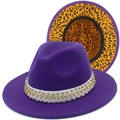 Violetter Wollfilzhut mit Strassband und gelbem Leopardenmuster-Innenfutter für Damen - Lila