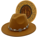 Camel felt fedora with leopard print brim underlay and vintage silver metal chain link - Brown