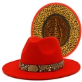 Red wide brim fedora hat with snakeskin band and leopard print lining for outdoor fashion - Red
