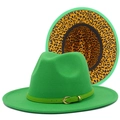 Green wool fedora hat with leopard print lining and elegant gold buckle band accessory - Green