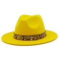 Close-up of bright yellow wool fedora hat featuring a stylish snakeskin leather band detail - Yellow