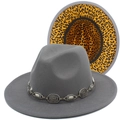 Gray wool fedora hat with leopard print brim and silver metal chain decoration - Gray