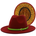 Deep red fedora hat detail featuring green strap buckle and stylish leopard print lining - Burgundy