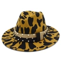 Classic leopard print fedora hat with elegant pearl and rhinestone embellished band - One Size / Khaki