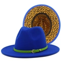 Detail of royal blue fedora hat showing green belt buckle and leopard print lining - Sapphire Blue