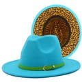 Detail view of lake blue fedora hat with green belt buckle and leopard print lining - Sky Blue