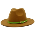 Macro view of brown fedora wool hat with bright green leather belt and golden buckle - One Size / Brown