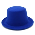 Detailed close-up showing the matte felt texture of the royal blue top hat with flat brim - One Size / Sapphire Blue