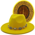 Chapeau fedora jaune en laine avec chaîne en métal et doublure léopard élégante - Jaune