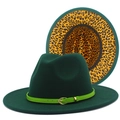 Detail of dark green Fedora hat with bright green band and leopard print brim underside - Dark Green