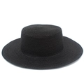 Classic black straw boater hat for women featuring a flat top and wide circular brim - One Size / Black