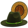 Detail of dark green wool fedora hat featuring a leopard print brim lining and green band - Army Green