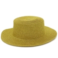 Shiny golden straw sun hat with wide brim and flat top for stylish summer beach wear - One Size / Gold