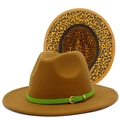 Detail view of brown wool fedora with green leather strap and leopard print lining - Brown