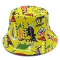 Sombrero de pescador amarillo de algodón para adultos con dibujos de dinosaurios y avisos - Talla única / Amarillo