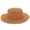 Elegant tan woven straw sun hat with gold thread and wide brim for summer beach protection - One Size / Caramel color