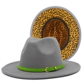 Detail view of grey fedora hat featuring a green leather band and leopard print lining - Gray