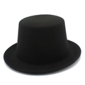 Detailed view of black felt top hat with high crown and flat brim for stage performances - One Size / Black