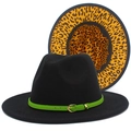 Detail view of black felt fedora with green leather band and leopard print lining - Black
