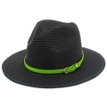 Cappello fedora nero in paglia intrecciata con nastro verde neon e fibbia dorata per sole - Nero