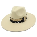 Detail of beige wide brim fedora hat featuring pearl and rhinestone decorative ribbon - Beige