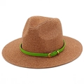 Cappello Fedora in paglia marrone con cinturino in pelle verde e fibbia in metallo oro - Caramello