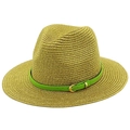 Cappello di paglia intrecciata dorata con cinturino in pelle verde e corona strutturata - Oro