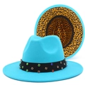 Detail of blue fedora hat with leopard print brim and rhinestone decorated band - One Size / Sky Blue