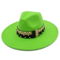 Top view of neon green wide brim fedora hat with pearl and rhinestone band detail - Fluorescent Green