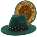 Detail of dark green fedora hat featuring rhinestone band and leopard print lining - One Size / Dark Green