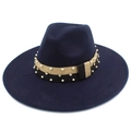 Detail of wide brim fedora hat featuring black gold band with pearls and rhinestones - Dark Blue