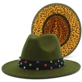 Detail of olive green fedora with multi-color rhinestones and leopard print brim lining - One Size / Army Green