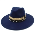 Detail of navy fedora hat with gold glitter band, pearls, and rhinestones trim - Navy Blue