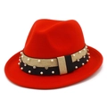 Chapeau fedora rouge en laine avec ruban décoratif élégant de perles et strass - Rouge