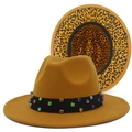 Detail of yellow wool fedora featuring colorful rhinestones and leopard print brim - One Size / Ginger Yellow