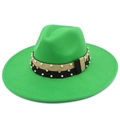 Vibrant green wide brim fedora hat with ornate pearl and rhinestone decorative band - Grass Green