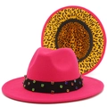 Detail of fuchsia fedora hat featuring colorful rhinestones and leopard print lining - One Size / Rose Red