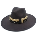 Detail view of large brim fedora hat featuring charcoal felt and pearl decorative band - Dark Gray