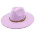 Lavender purple wool fedora hat with brown leather band and gold buckle on white background - One Size / Light Purple