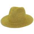 Detailed view of golden woven straw fedora hat featuring metallic luster and dense texture - One Size / Gold