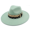 Top view of mint green wool fedora with pearl and rhinestone embellished ribbon band - Mint Green